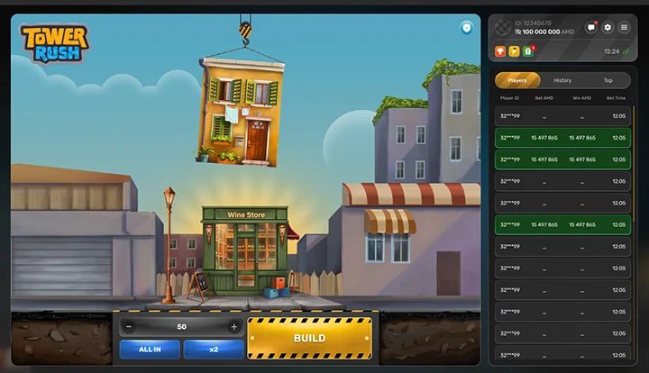 Tower Rush gameplay: a floor hanging from the crane, the BUILD control and the live multiplier panel